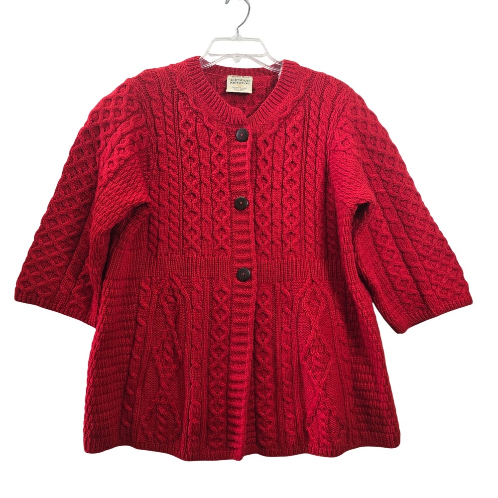 Vintage Kilronan Ireland Red Merino Wool Cable Knit Cardigan Sweater Chunky L